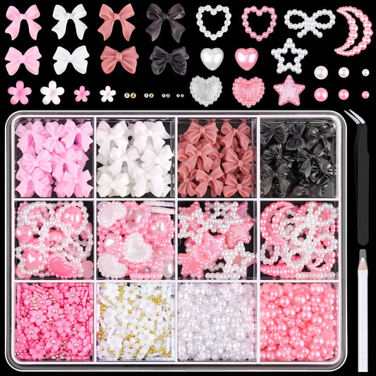 Chunky Nail Charms and Gems Set 1, Girly Coquette Nail Charms + Assorted Pearl Bows Heart Star Moon + Cute 3D Flowers for Nails + Pink & White Flatback Pearls with Pickup Tool for Kawaii Nail Design