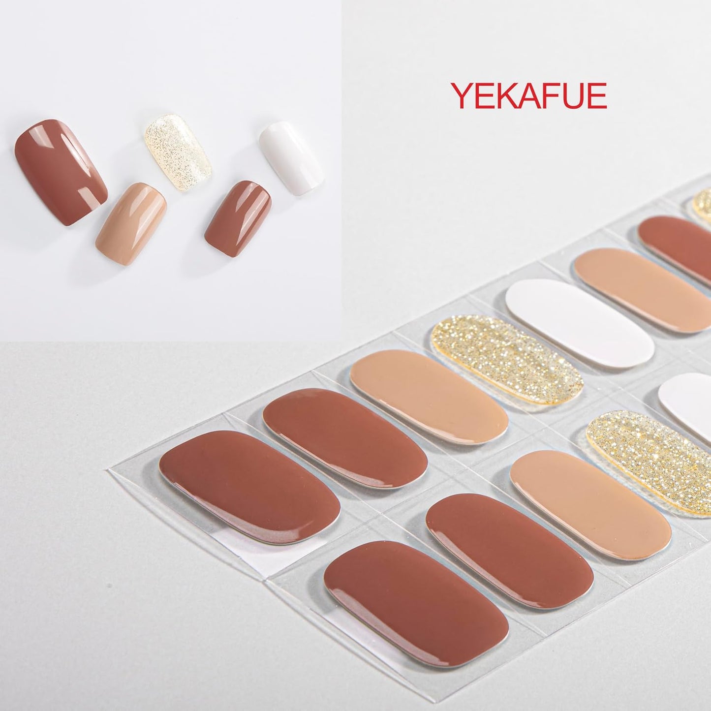 No Lamp Gel Nail Strips 22 Pcs Wraps - Brownish Gold Glitter, Easy Apply Gel Nail Stickers Long Lasting, Salon-Quality, 2 Prep Pads, 1 File, 1 Wooden Stick