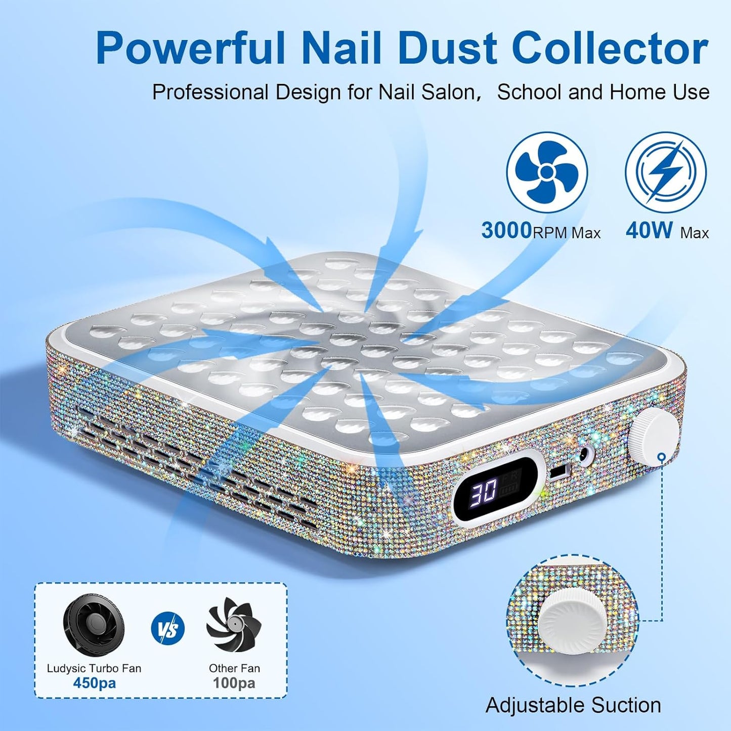Nail Dust Collector with 2 Reusable Filters,Nail Vacuum Dust Collector Quiet for Nail Tech Art, Powerful Nail Fan and Duster Collector,Nail Vacuum Cleaner for Salon and Home(AB Diamond)