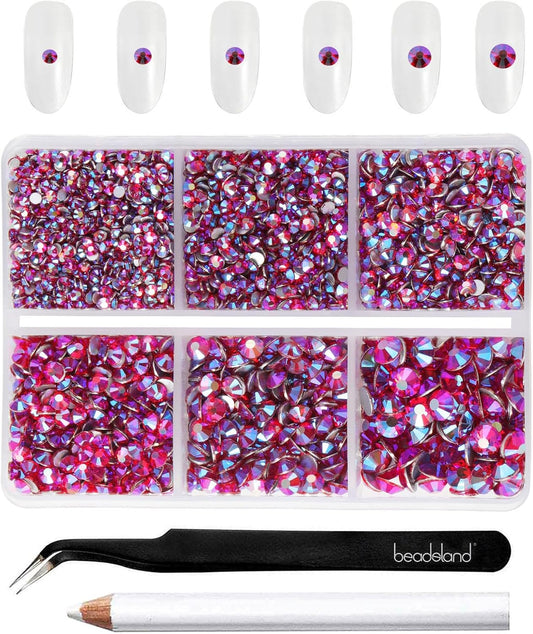 Beadsland 4300pcs Flatback Rhinestones, Red AB Rhinestone Nail Gems Round Crystal Rhinestones for Crafts,Mixed 6 Sizes with Picking Tweezers and Wax Pencil Kit, SS6-SS20, Light Siam AB