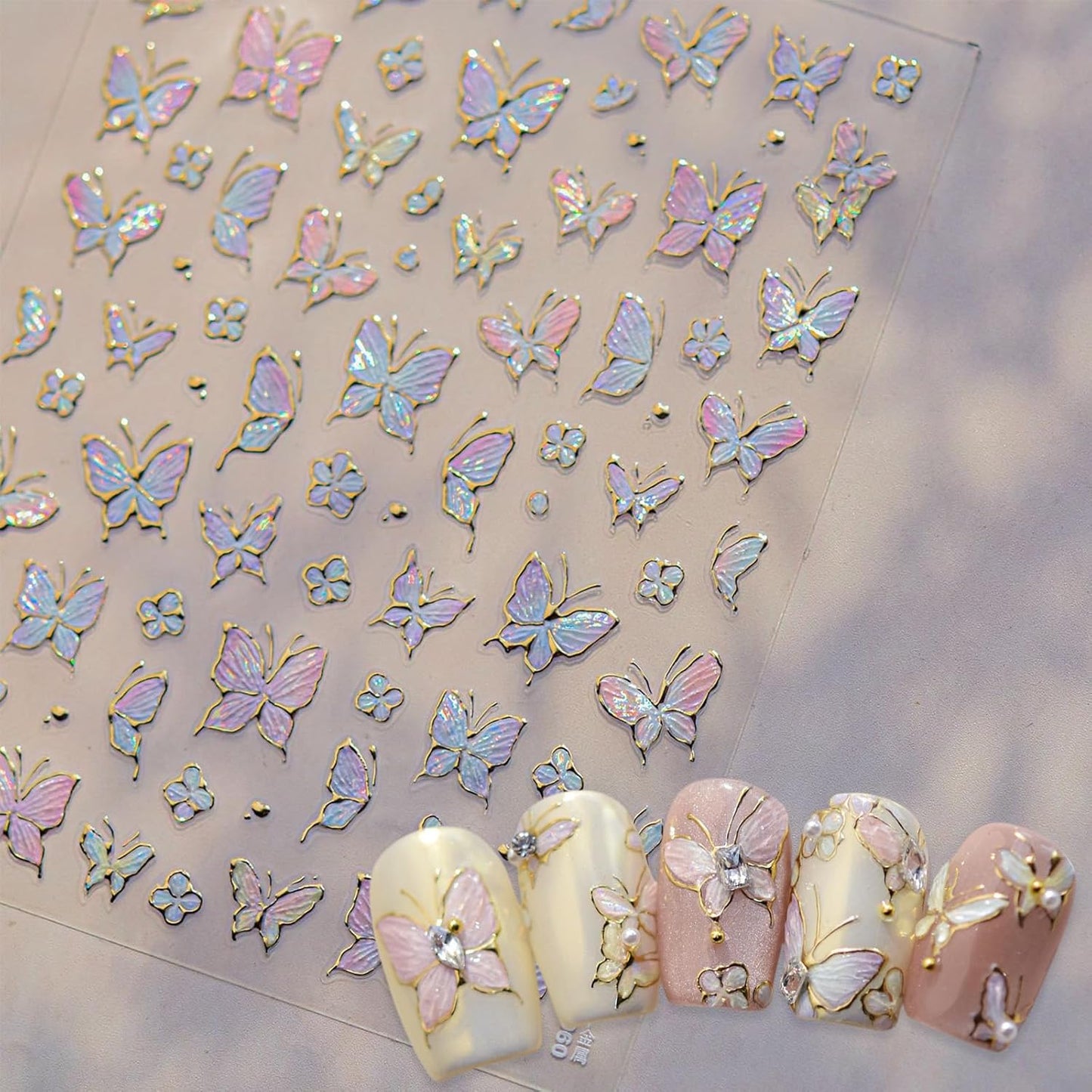 1 Sheet Gradient Butterfly Nail Stickers, Hot Stamping Design Butterfly Nail Decals, 5D Embossed Self-Adhesive Nail Design Stickers for Women DIY Spring Manicure Decoration