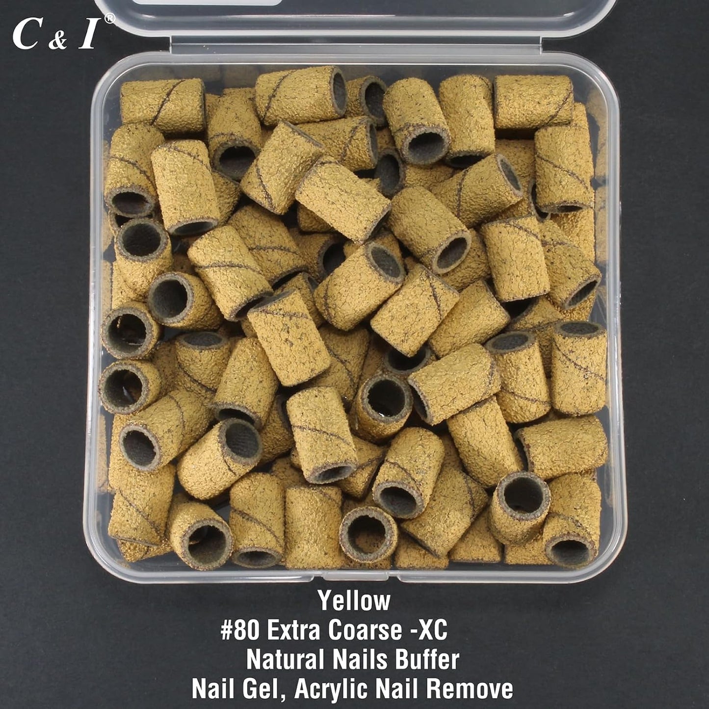 C & I Nail Sanding Bands 100 PCS Plus Upgrade Mandrel 1 PC, Nail Drill Bits for Acrylic Gel Nails Remove, Natural Nails Buffer for Nail Prep and Nail Shiner (Yellow, #80 Extra Coarse)