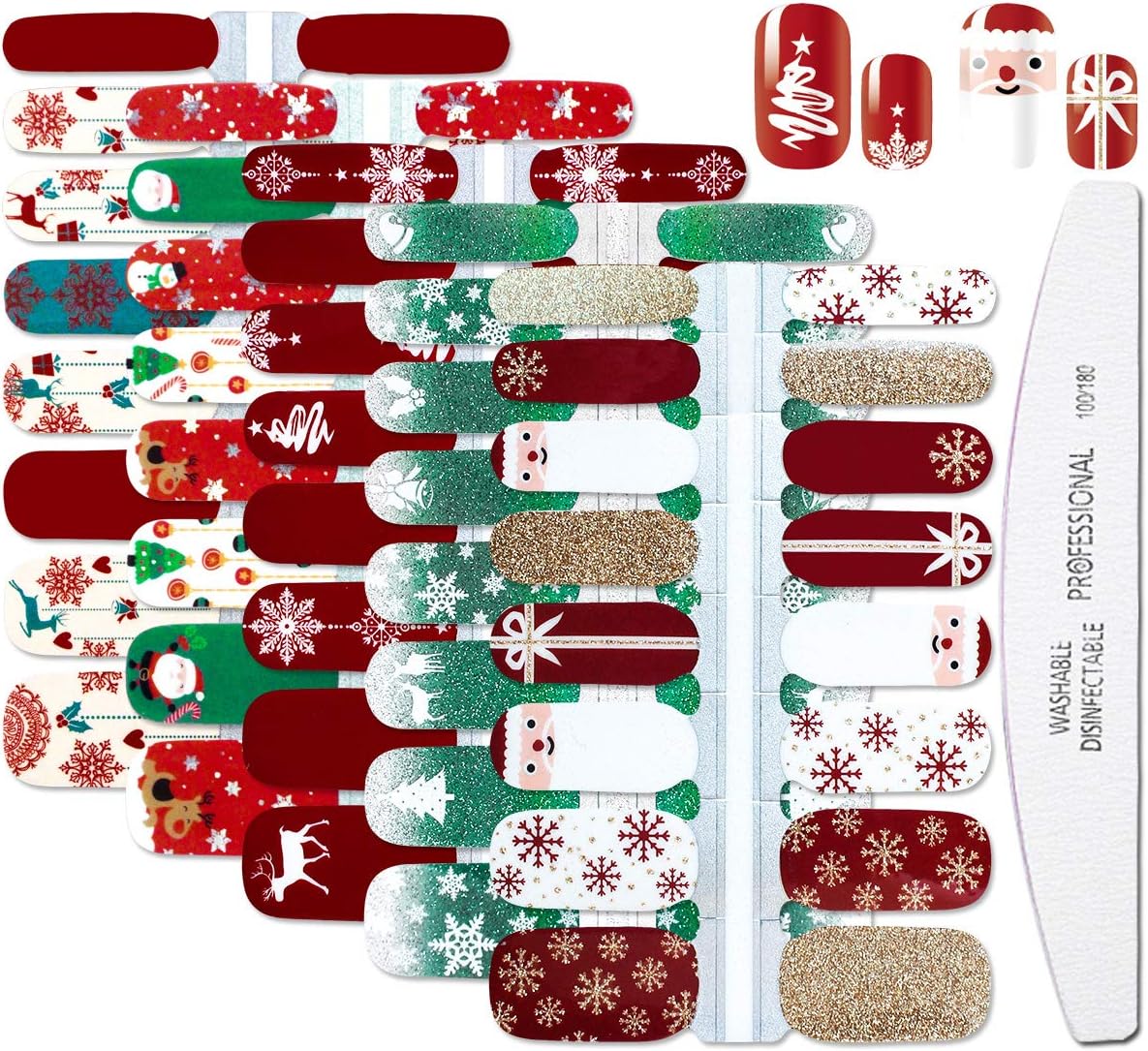 WOKOTO 5 Sheets Adhesive Nail Polish Stickers Strips Set with 1Pc Nail File, Holiday Winter Snow Flakes Nail Wraps Decals Tips Christmas Stickers Manicure Kit