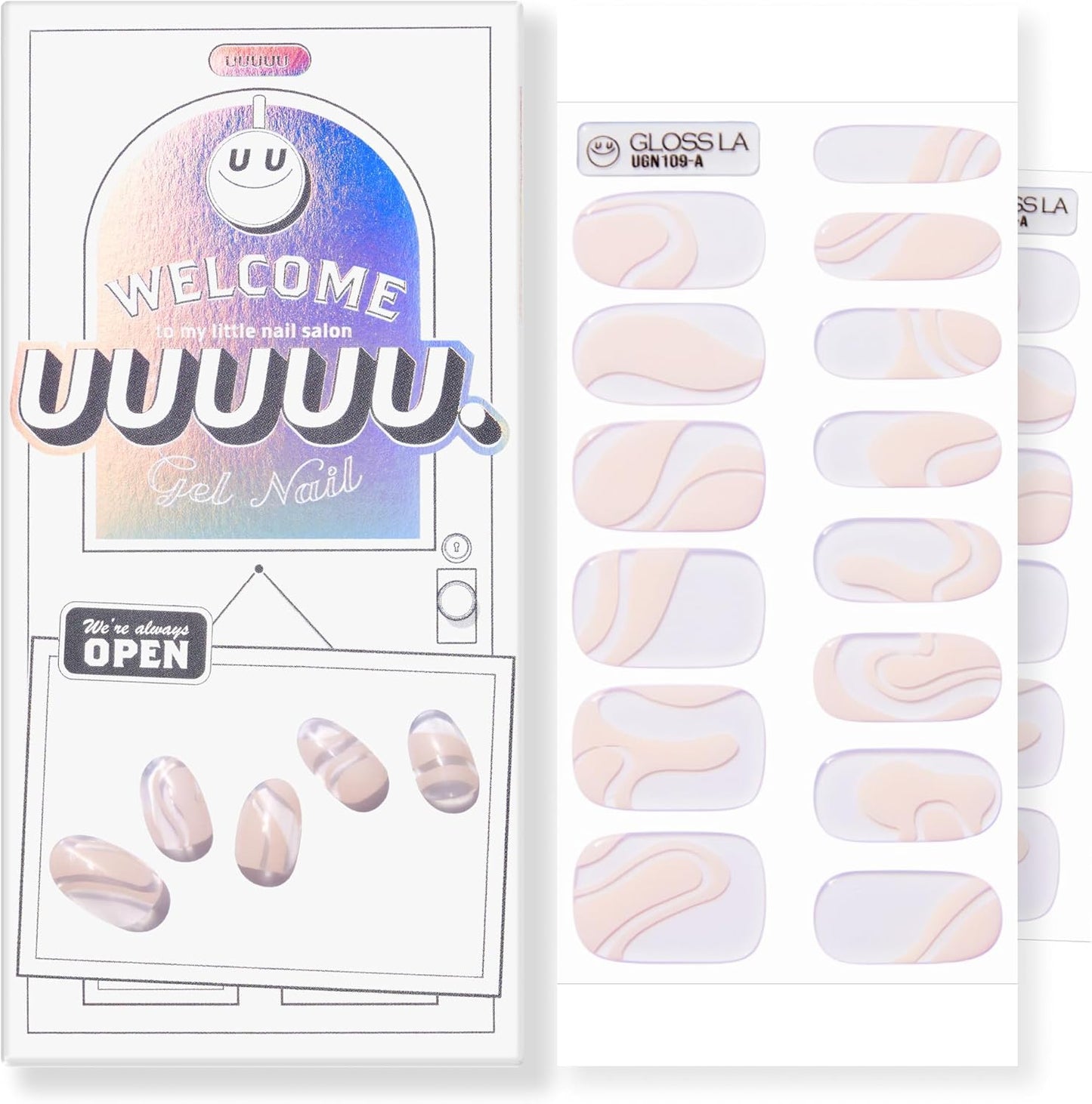 UUUUUU Semi Cured Gel Nail Strips | Salon-Quality | UV Free Gel Nail Wraps for Women | Easy Peel&Stick | Long-Lasting up to 14 Days | 28 Strips Set+File & Wipes | Gift-Ready(UGN109 Glossy & Nudy)