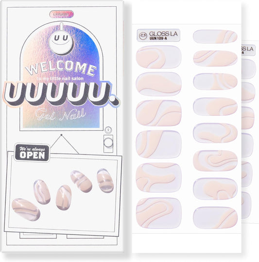 UUUUUU Semi Cured Gel Nail Strips | Salon-Quality | UV Free Gel Nail Wraps for Women | Easy Peel&Stick | Long-Lasting up to 14 Days | 28 Strips Set+File & Wipes | Gift-Ready(UGN109 Glossy & Nudy)
