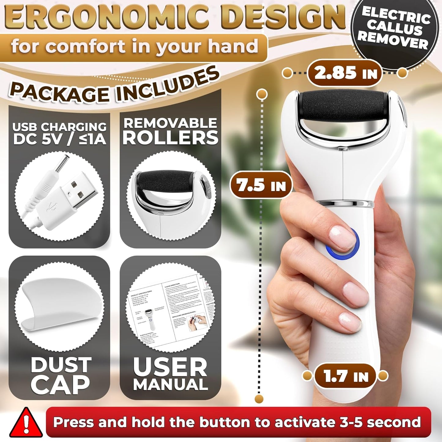 Rechargeable Electric Foot Callus Remover Tool – 3-Speed Foot Sander (1800/2200/2800 RPM), Electric Callus Remover for Feet, Pedicure Tools for Feet – 1200mAh, 70 Min Runtime, 2 Replacement Rollers