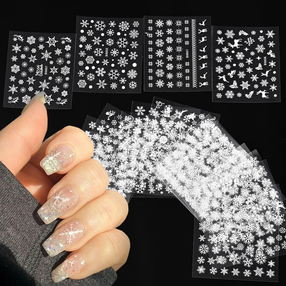 30Sheets Christmas Snowflakes Nail Art Stickers Decals for Kit with White Snowflake Glitter Design 3D Self Adhesive Nail Art Supplies Sticker Winter Xmas Nail Art Decoration Snow Manicure for New Year