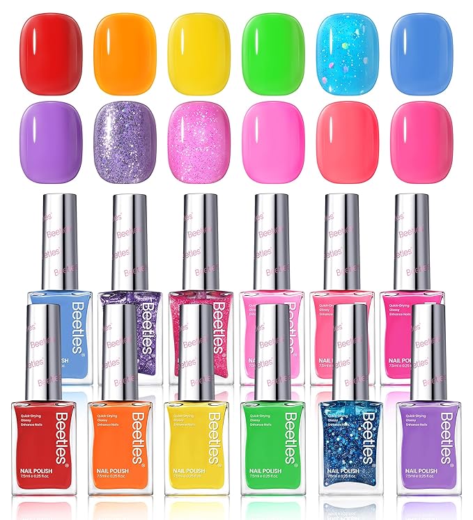 Beetles Glitter Neon Nail Polish Set - 12 Colors Hot Pink Blue Purple Rainbow Rright Glitter Nail Polish Set, Air Quick Dry DIY Fingernail Art Set Christmas Salon Home Gift
