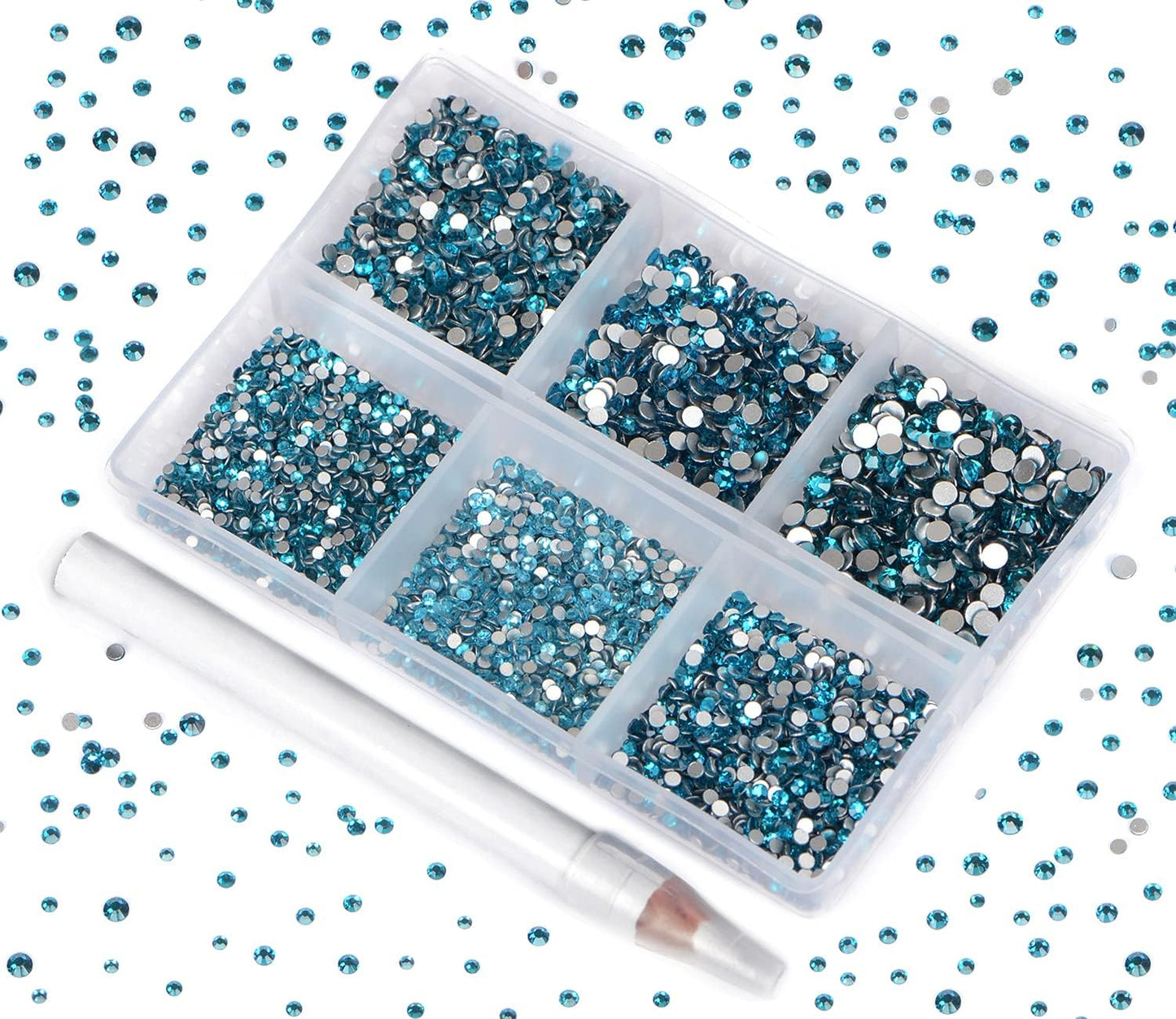 Bymitel 7200 Pieces 6 Mixed Sizes Glue Fix on Glass Rhinestones Round Crystal Gems Flatback for DIY Jewelry Making with one Picking Pen (6-Sizes 7200PCS, Blue Zircon)
