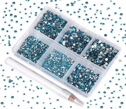 Bymitel 7200 Pieces 6 Mixed Sizes Glue Fix on Glass Rhinestones Round Crystal Gems Flatback for DIY Jewelry Making with one Picking Pen (6-Sizes 7200PCS, Blue Zircon)