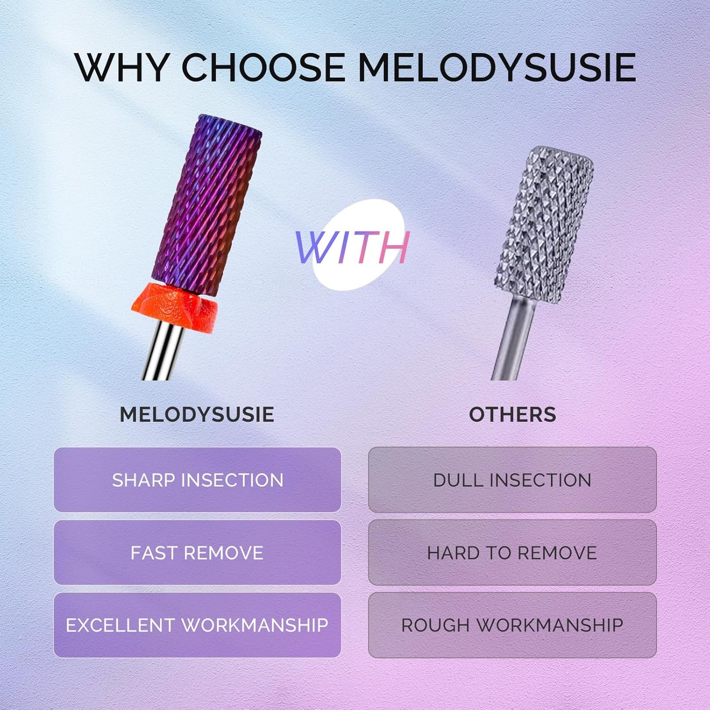 MelodySusie 3Pcs Nail Drill Bits Set, 3/32'' Tungsten Ceramic Bits, Flame Hexagon, Flat Top Small Barrel and Smooth Top Large Barrel Bits, Suitable for Manicure Pedicure Cuticle Gel Acrylic Remover