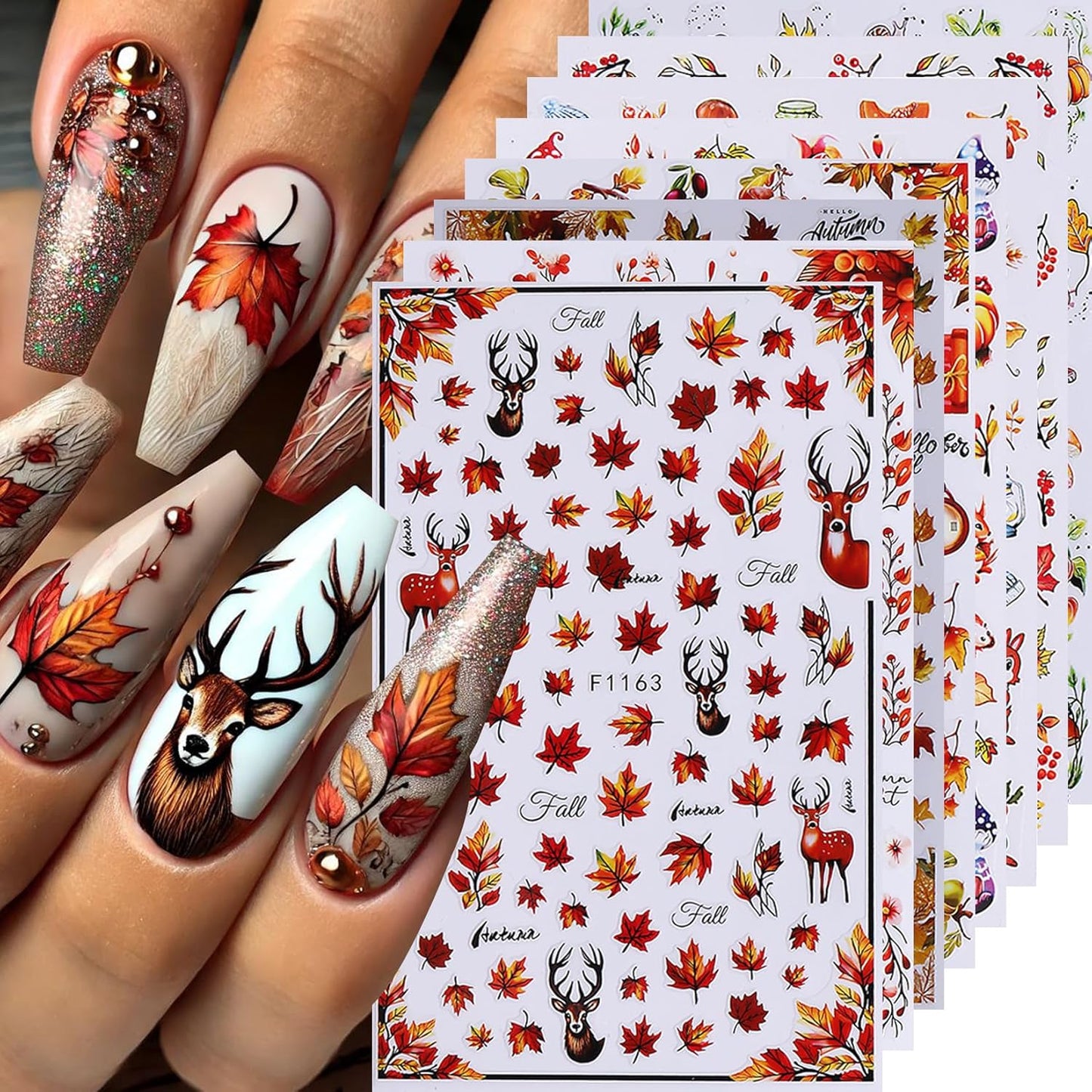 Fall Pumpkin Nail Stickers Decals 10PCS Autumn Maple Leaves Designs for Nails Art Squirrel Mushroom 3D Self-Adhesive Sliders Manicure Fall Nail Art Stickers Supplies for Women DIY Holiday Decoration