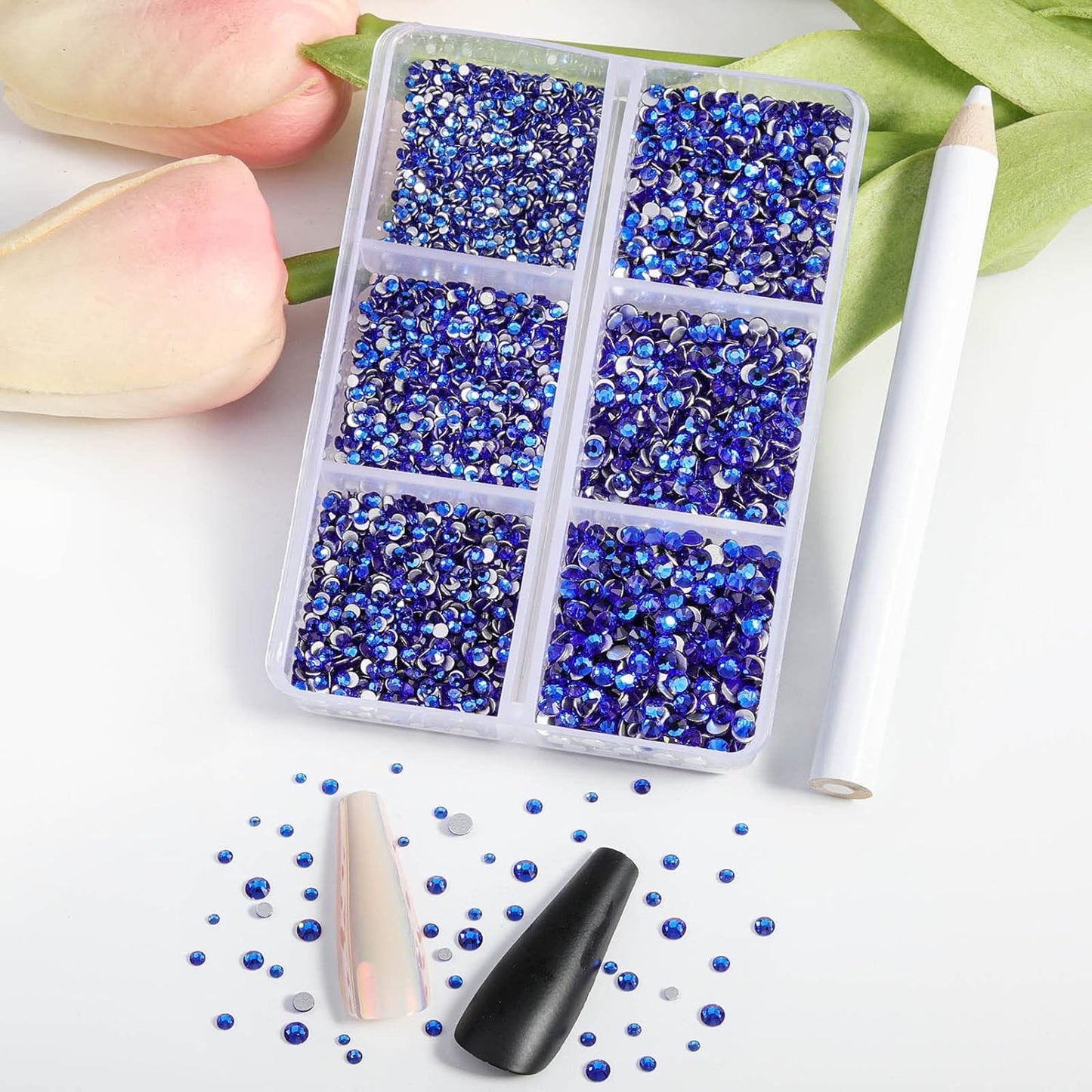 Beadsland 7200pcs Flatback Rhinestones,Royal Blue Rhinestone Nail Gems Round Crystal Rhinestones for Crafts,Mixed 6 Sizes with Wax Pencil Kit, SS3-SS10,Sapphire