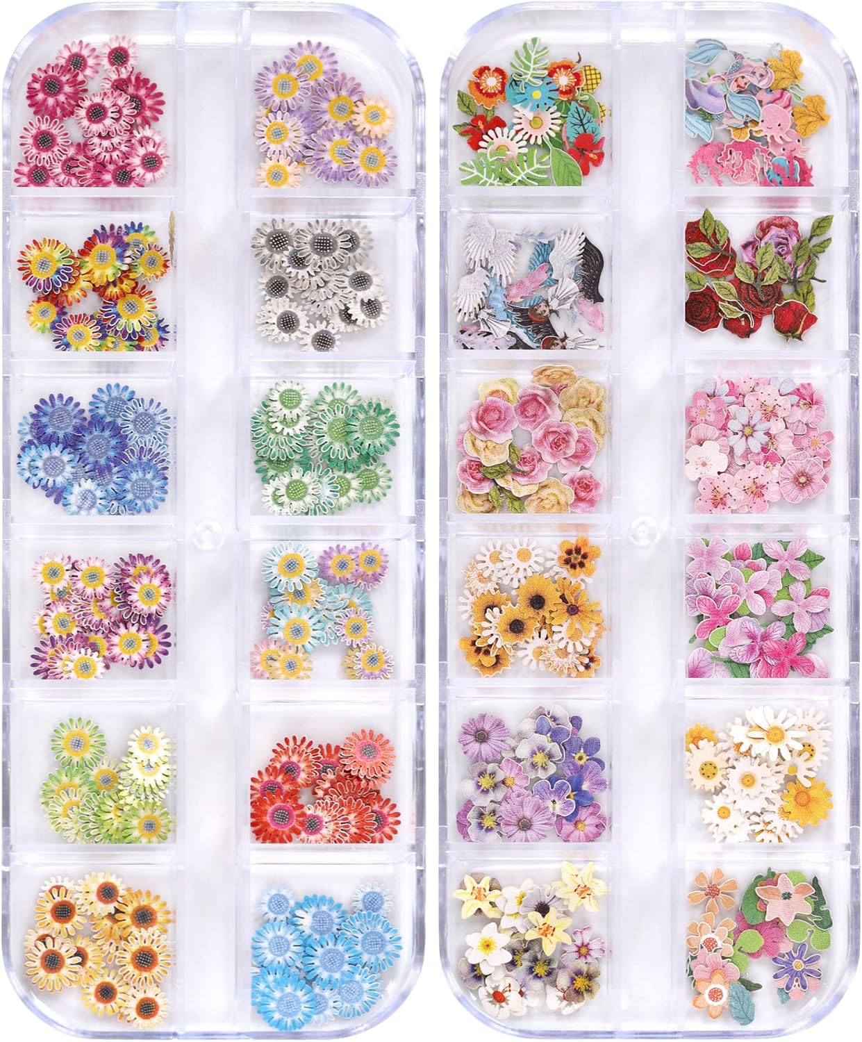 600Pcs 3D Flower Nail Art Charms Sequins Decals Colorful Mixed Daisies Flowers Leaves Design Slice Nail Flowers Ultra Wood Pulp Flakes Sequins 5