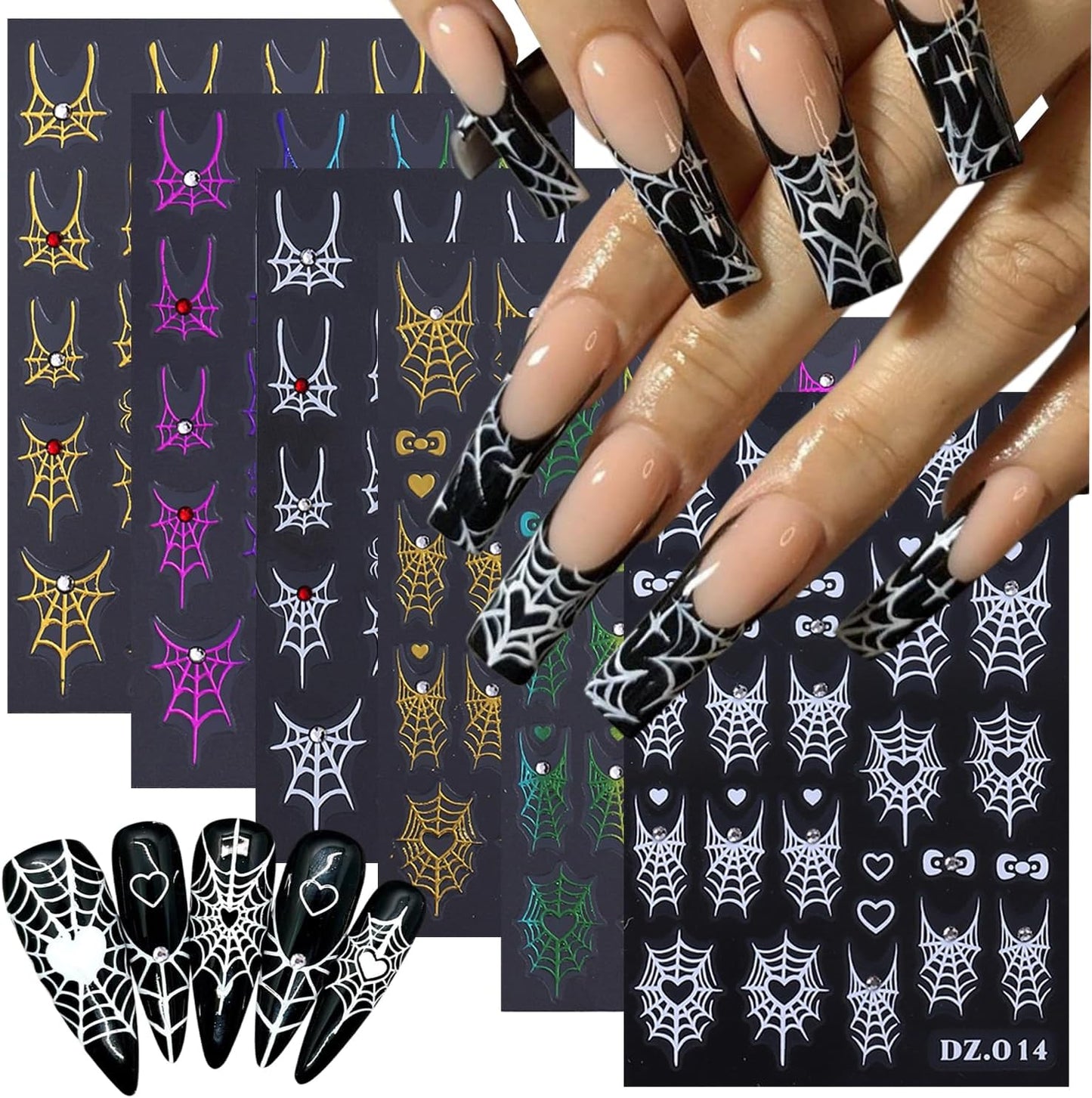 6 Sheets Halloween Nail Art Stickers Decals 3D Self-Adhesive Spider Nail Decals with Rhinestones Designs White Gold Rainbow Bow Spider Web Nails Decorations Holiday Nails Art Supplies for Women Girls