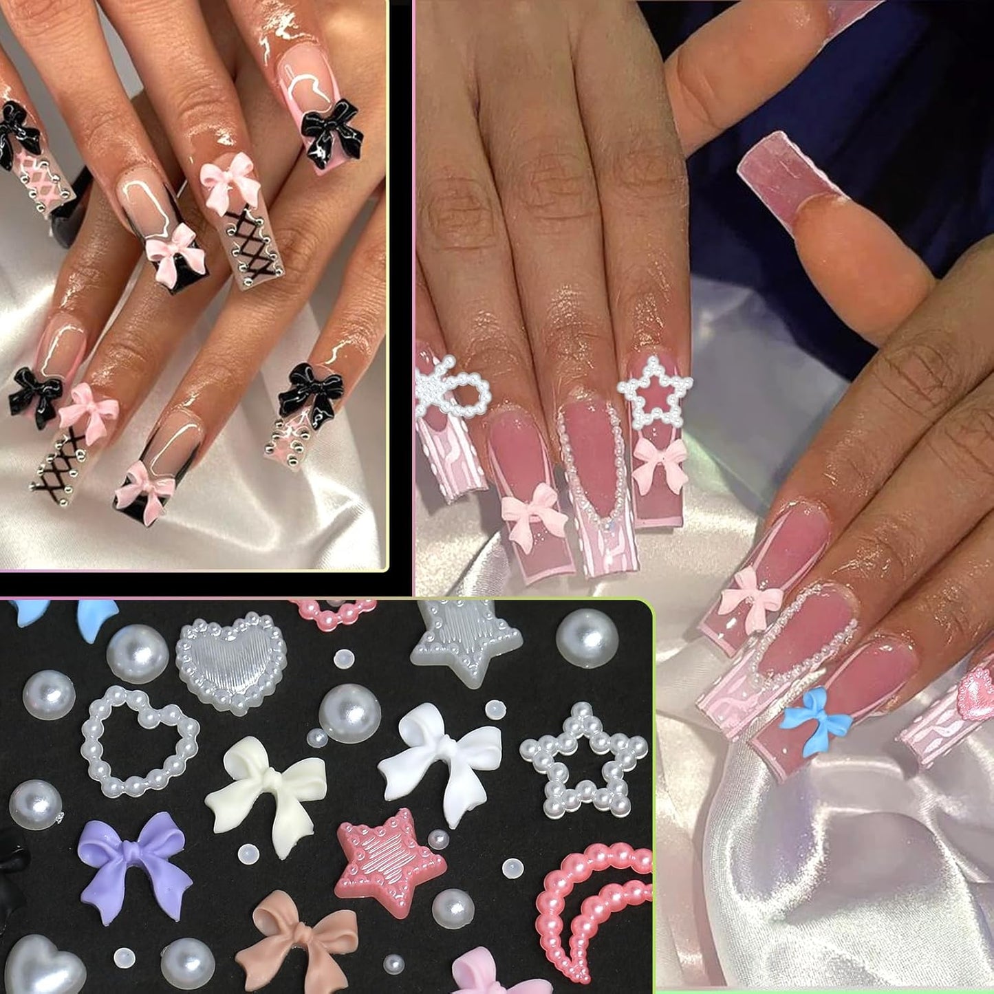 HNUIX 3D Nail Charms and Flatback Pearls - Pink & White Heart, Moon, Bow, Hollow Bow Star Pearls; 50 Pieces Gemstone Nail Rhinestones Set with Tweezers and Pickup Tools