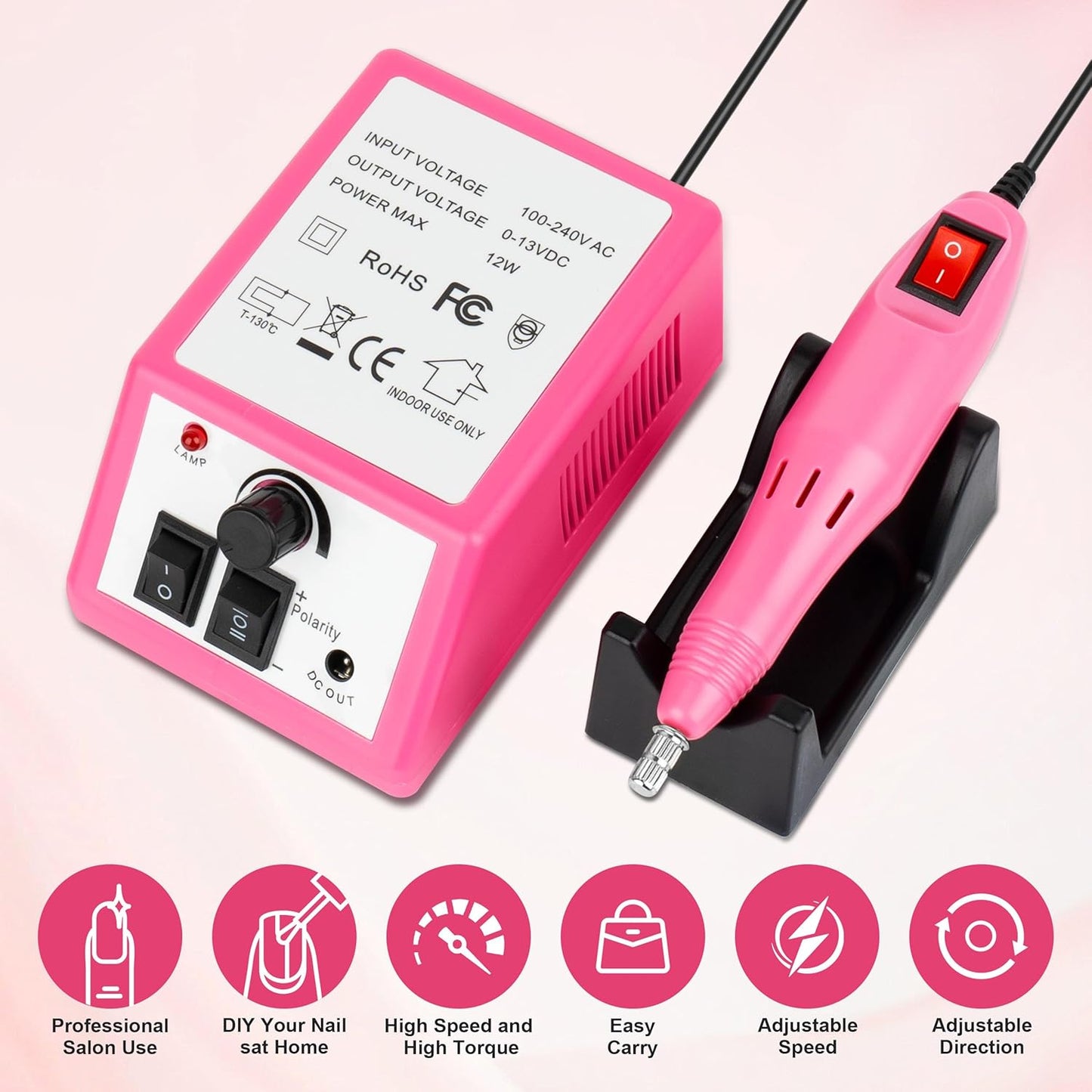 20000RPM Professional Electric Nail File Kit, 156pcs Sanding Bands and Nail Drill Bits for Acrylic, Gel Nail Manicure Gel Nail Polish Remover (Pink)