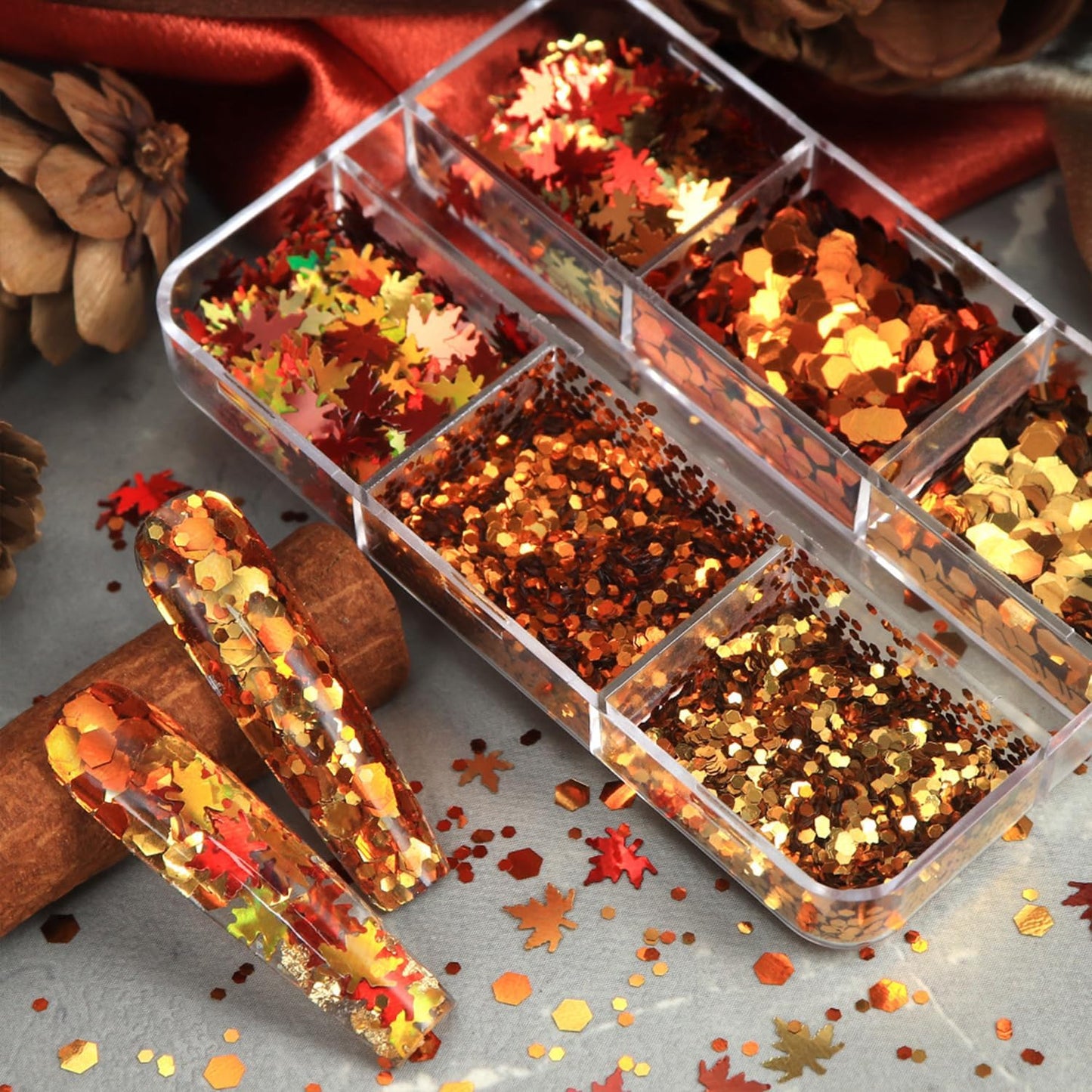 Fall Maple Leaf Nail Sequins Maple Leaves Glitter for Nails Holographic Fall Nail Art Design Supplies 3D Autumn Nail Glitters Flakes Decor