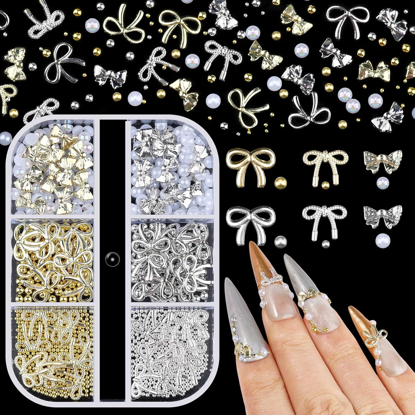 3D Metal Bowknot & AB Pearl and Mini Beads Nail Art Kit - Gold/Silver Alloy Bowknot, 1-2mm Stainless Steel Caviar Beads, 3mm Half Pearls for Professional Salon & DIY Manicure Jewelry Designs (Set 5)