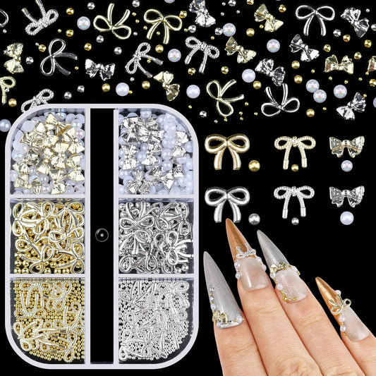 3D Metal Bowknot & AB Pearl and Mini Beads Nail Art Kit - Gold/Silver Alloy Bowknot, 1-2mm Stainless Steel Caviar Beads, 3mm Half Pearls for Professional Salon & DIY Manicure Jewelry Designs (Set 5)
