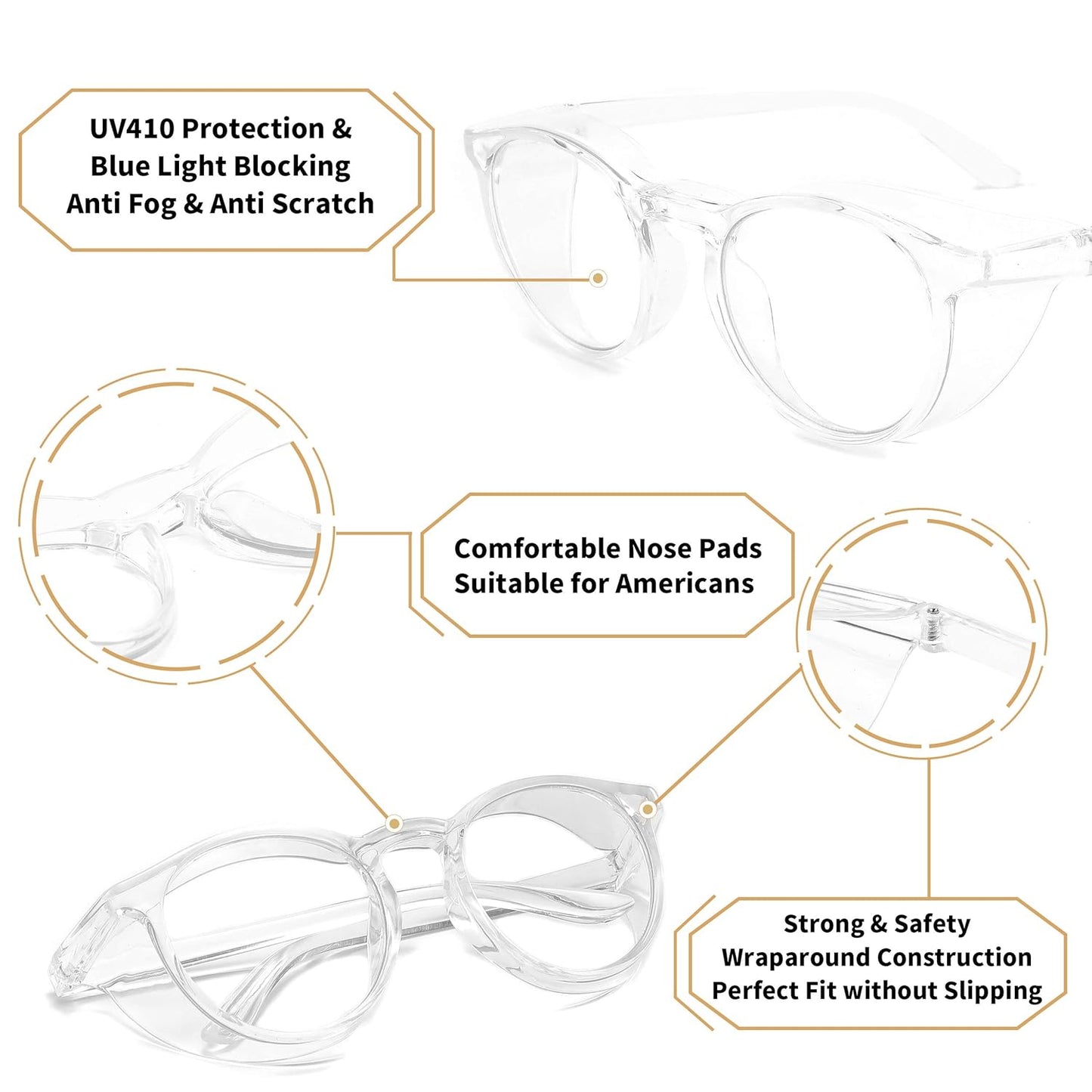 Alsenor Safety Glasses Anti Fog Goggles Protective Eyewear Blue Light Blocking Anti Dust UV Protection Glasses For Men Women (Round-Transparent)
