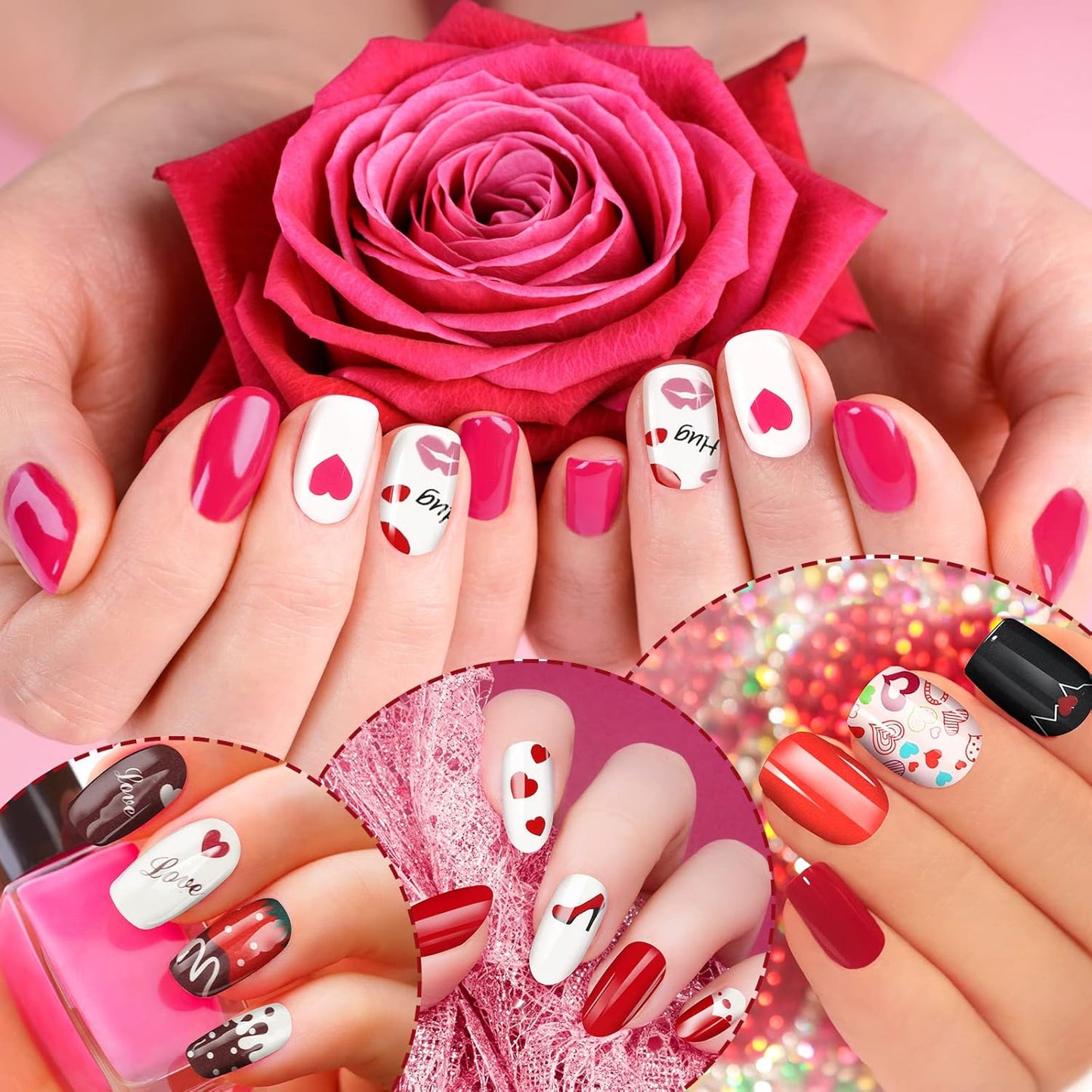 140 Pcs 10 Sheets Valentine's Day Full Wrap Nail Stickers Polish Strips Gradient Stickers Glitter Self Adhesive DIY Art Decals Strips with 2 Pcs Nail Files for Valentine Decor
