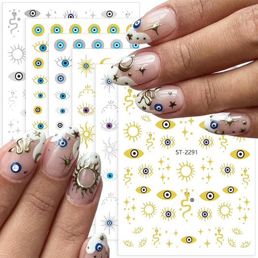 Evil Eye Nail Art Stickers 6Sheets Gothic Snake Star Sun Nail Stickers Gold Silver Blue Eye Nails Design 3D Self Adhesive Nail Art Supplies Halloween Nails Decals for Women DIY Manicure Decoration