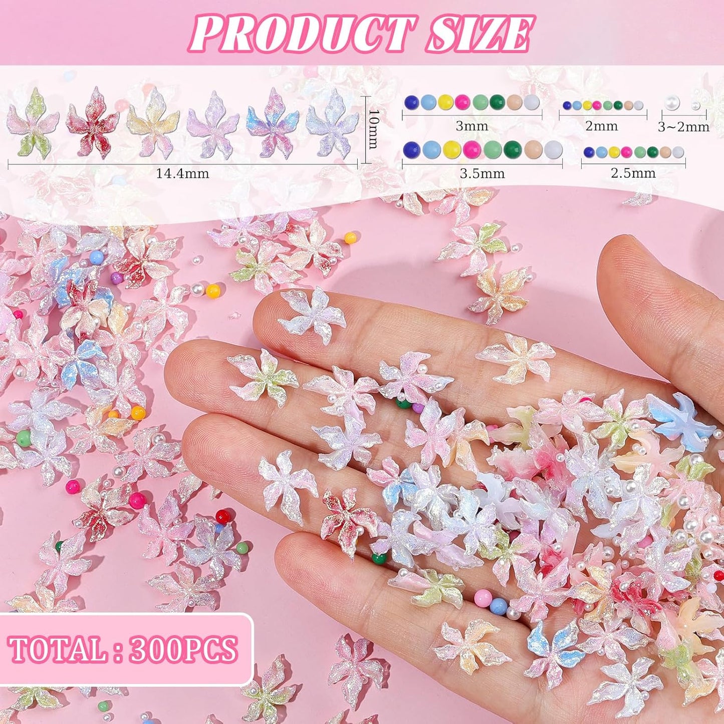 300Pcs Flower Nail Charms Kit, 100Pcs 3D Embossed Luminous Hibiscus Flowers Charms and 100Pcs Nail Pearls with 100Pcs Macaron Beads, Colorful Hawaii Floral Mini Gems Round Beads for Nails DIY