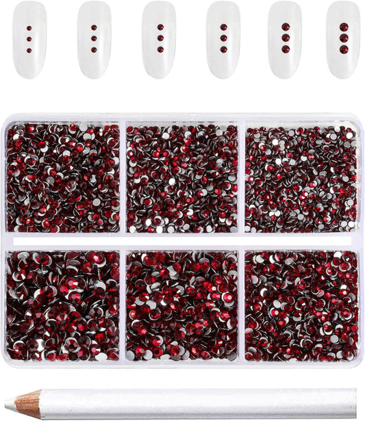 Beadsland 7200pcs Flatback Rhinestones,Dark Red Rhinestone Nail Gems Round Crystal Rhinestones for Crafts,Mixed 6 Sizes with Wax Pencil Kit, SS3-SS10,Dark Siam