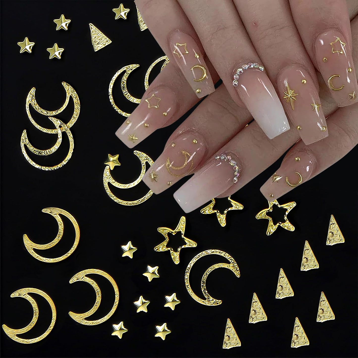 Hollow Moon Star Nail Art Ornaments Glitter Rhinestone Gold Mixed Metal Star Decorations for Women Girls DIY Nail Art Accessories 2 Boxes