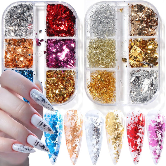 Nail Art Foil Glitter Flakes, Holographic Ultra-Thin Aluminum Foil Sequins Design, Metallic 3D Sparkly Nail Foils Acrylic Supplies for Women Girls Manicure Shiny Decorations, Gold Foil Nail Art Tips