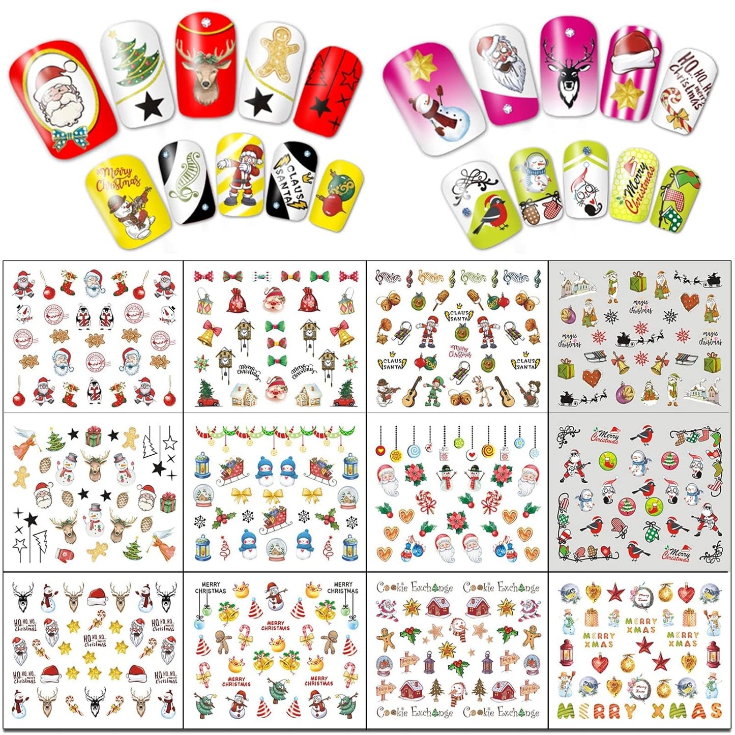 TailaiMei 60 Sheets Christmas Nail Stickers, Water Transfer Decals, Winter Full Nail Wraps Nail Art Decorations, Design for Santa Claus Snowflake Snowman (1028 Pcs)
