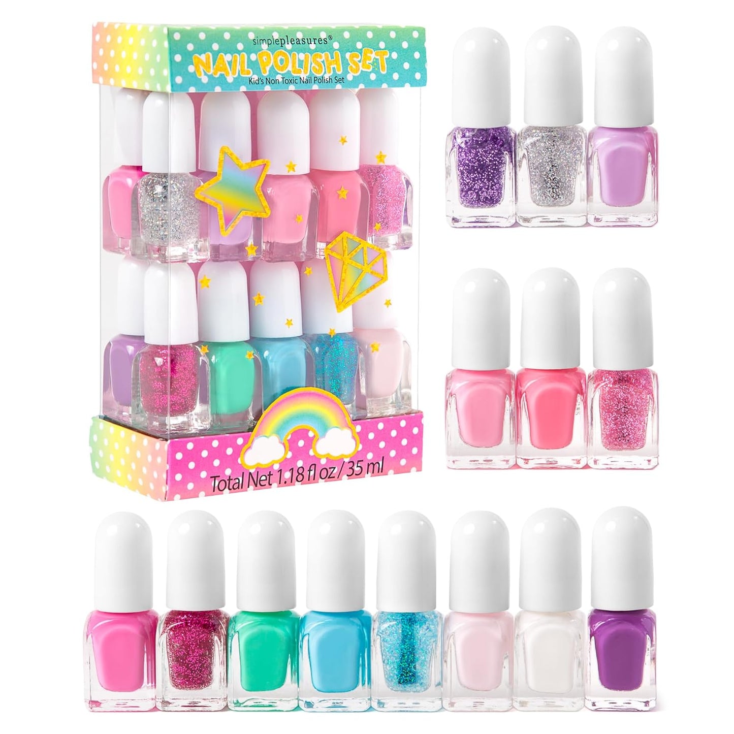 SIMPLE PLEASURES Unicorn Glitter Kids Nail Polish Set for Girls – 14 Water-Based Non -Toxic Nail Art Kit - Gift Set for Girls Ages 7-12
