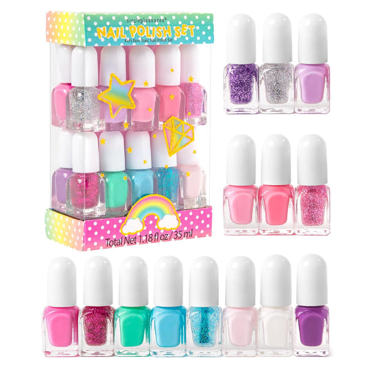 SIMPLE PLEASURES Unicorn Glitter Kids Nail Polish Set for Girls – 14 Water-Based Non -Toxic Nail Art Kit - Gift Set for Girls Ages 7-12