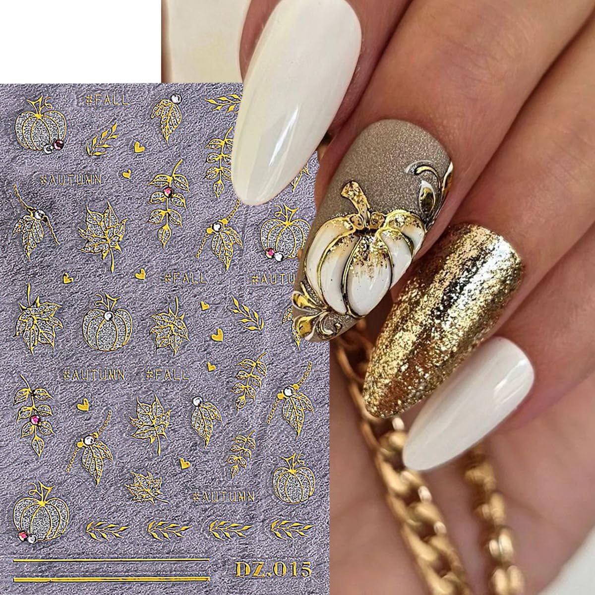 Fall Nail Art Stickers Autumn Maple Leaf Nail Decals with Rhinestone 3PCS Gold Maple Leaves Pumpkin Nails Design Self-Adhesive Fall Nail Stickers for Women Thanksgiving Day Manicure Nails Decoration
