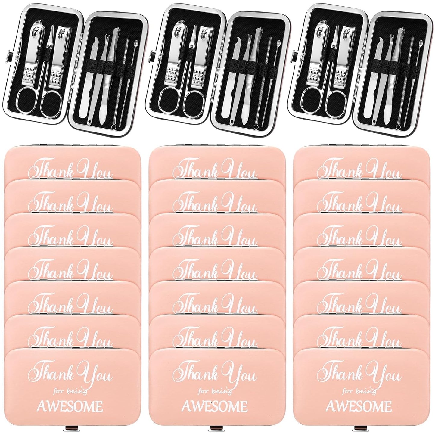 Therwen 24 Sets Manicure Set Nail Clippers 8 in 1 Stainless Steel Grooming Nail Kit Thank You Appreciation Gift Professional Pedicure Tool for Men Women Personal Care(Pink)