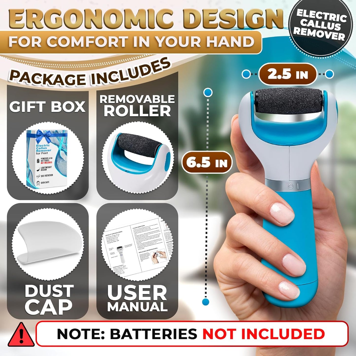 Foot Callus Remover Tool | Batteries Not Included – High-Speed Foot Grinder with Easy-to-Replace Roller – On-The-Go Electric Callus Remover for Feet | Pedicure Tools for Feet Smoothing