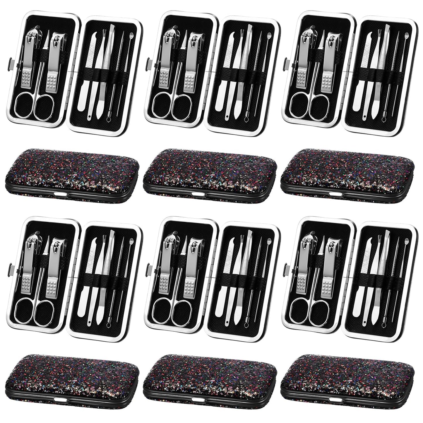 Geosar 12 Set 8 in 1 Manicure Set Stainless Steel Nail Clippers Kit Pedicure Care Tools with Leather Case Travel Grooming Kit Gift for Women Men(Glitter Dark Red)