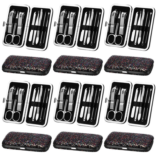 Geosar 12 Set 8 in 1 Manicure Set Stainless Steel Nail Clippers Kit Pedicure Care Tools with Leather Case Travel Grooming Kit Gift for Women Men(Glitter Dark Red)