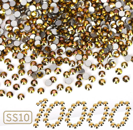 10000PCS Gold Rhinestones Bulk, Flat Back Crystal Glass Stone Round Gems,SS10, 2.7-2.9mm