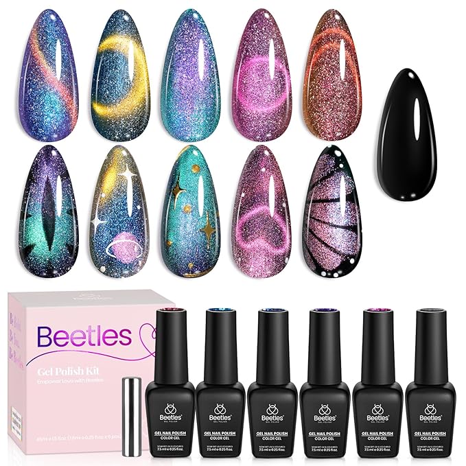 Beetles Cat Eye Gel Nail Polish Set - 6 Colors Chameleon Cat Eye Black Glitter Blue Pueple Pink Red Gel Polish with Magnet Soak Off UV Velvet Gel Galaxy Glitter Collection Salon Gift for Women