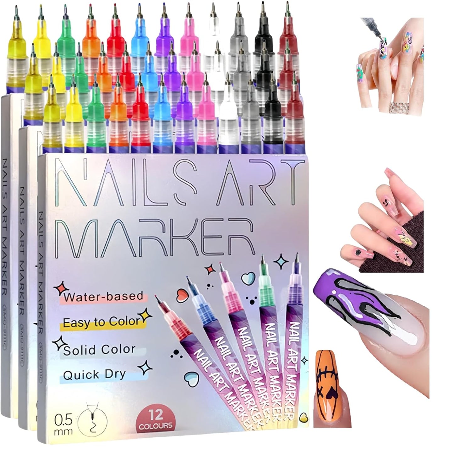 12 Color Nail Art Markers for Gel Nails,Nail Art Pens Set DIY Nail Art Marker 3D Nail Polish Pens, Quick Dry Dotting Point Liner Pens for DIY Nail Art Drawing Painting Tools (36 Colors)