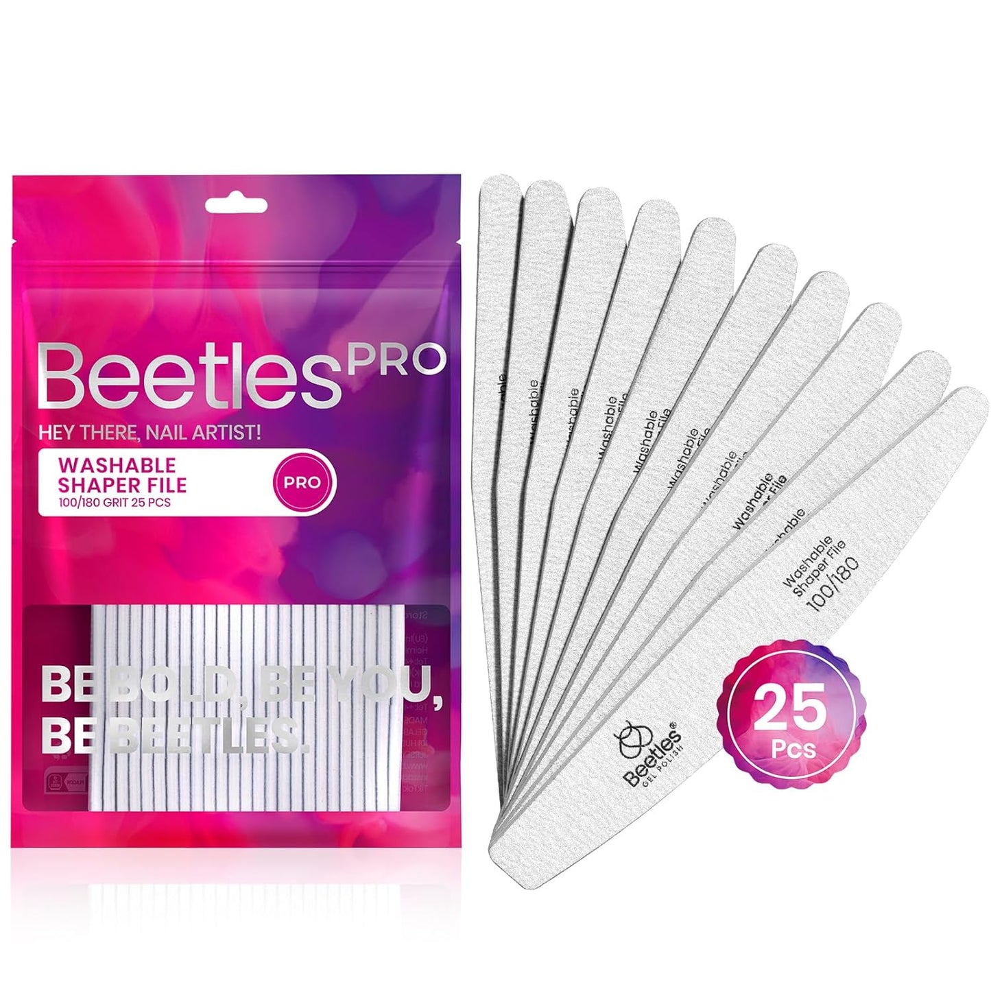 Beetles Pro 25-Pcs Nail File – Professional 100/180 Grit Double Sided Emery Board Nail Files Washable Shaper Files Precise Filing File for Acrylic, Gel & Natural Nails – Salon Quality Manicure Tool