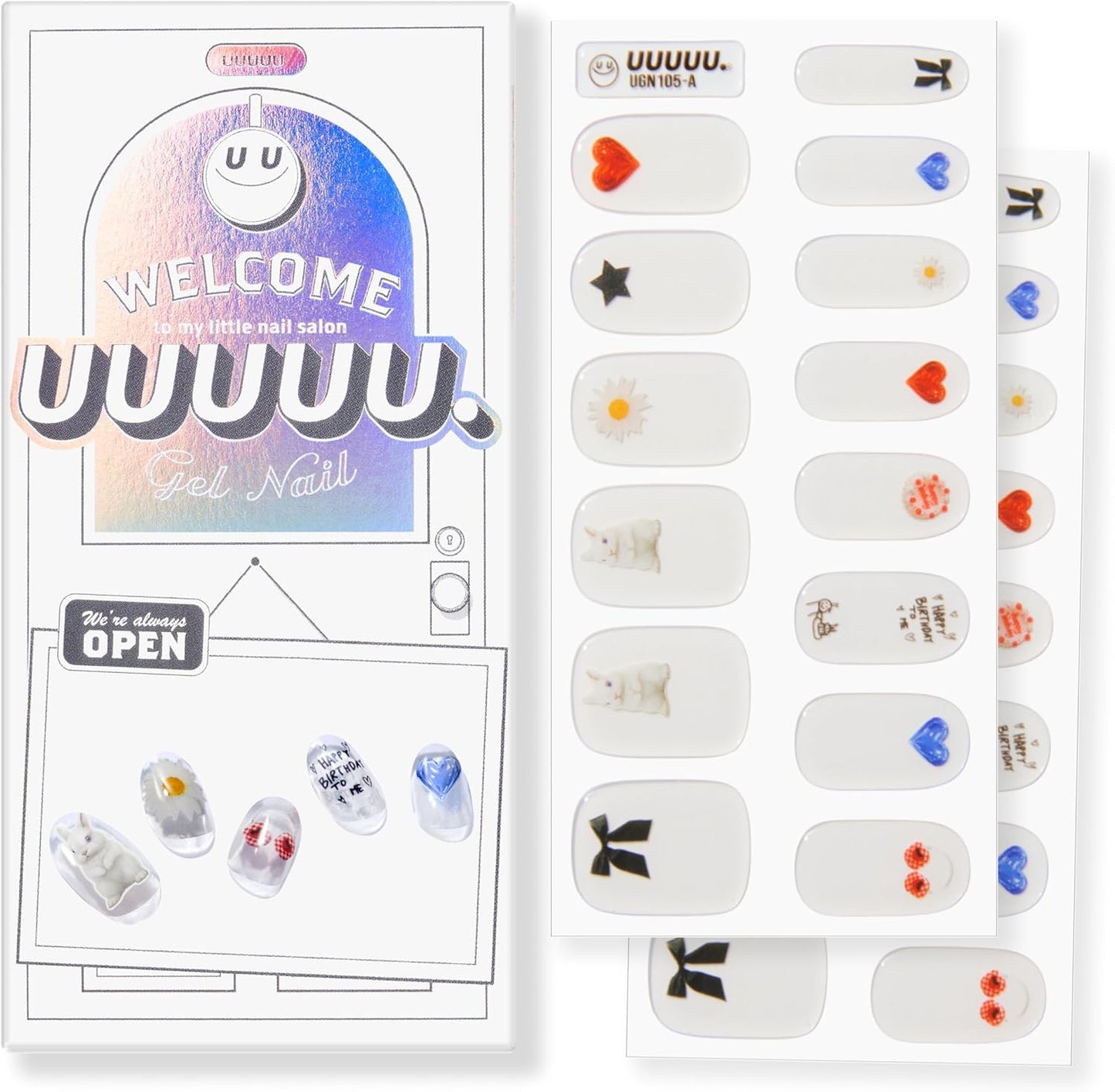 UUUUUU Semi Cured Gel Nail Strips | Salon-Quality | UV Free Gel Nail Wraps for Women | Easy Peel&Stick | Long-Lasting up to 14 Days | 28 Strips Set+File & Wipes | Gift-Ready (UGN105 Birthday Girl)