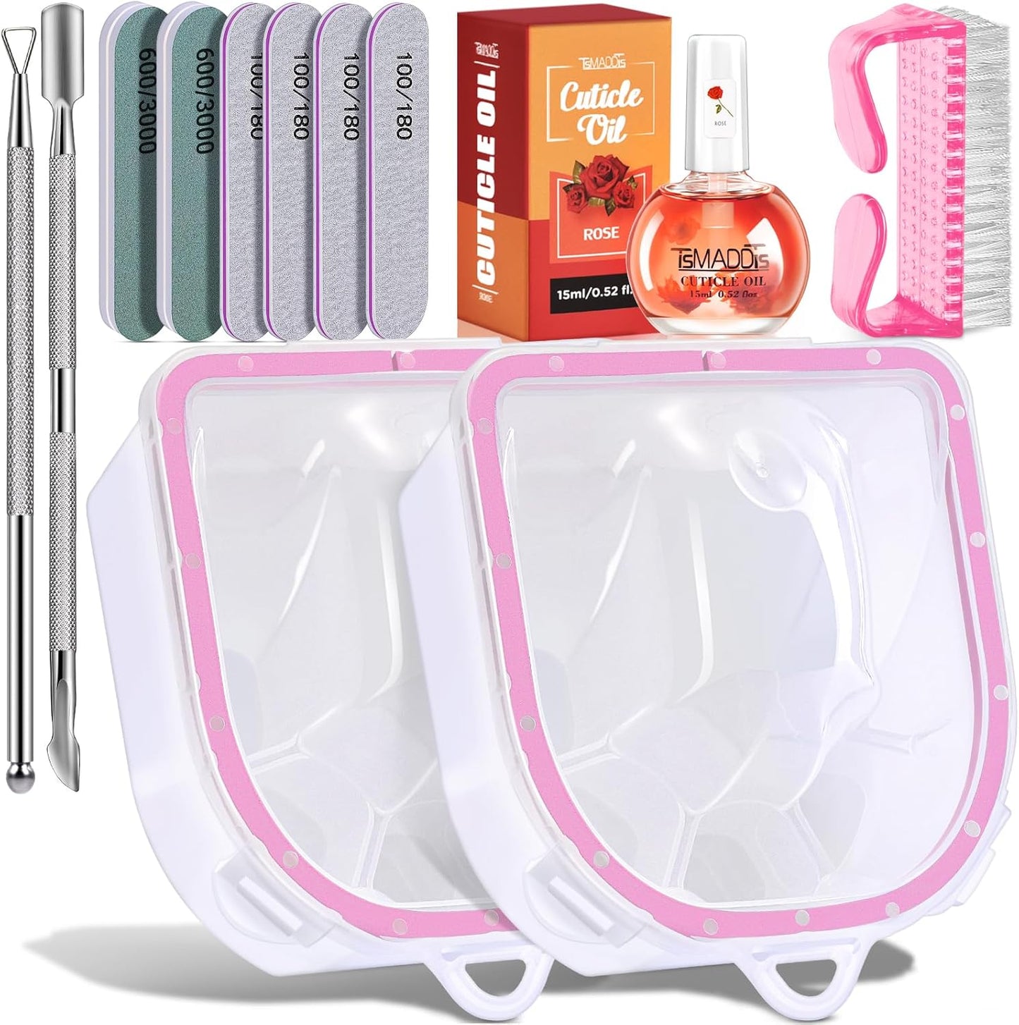 TsMADDTs Nail Polish Remover Kit with 2PCS Nail Soaking Bowls Manicure Bowls for Hands, Cuticle Remover Tools, Cuticle Oil, Files, Buffers, Brush, Dip Removal Kit
