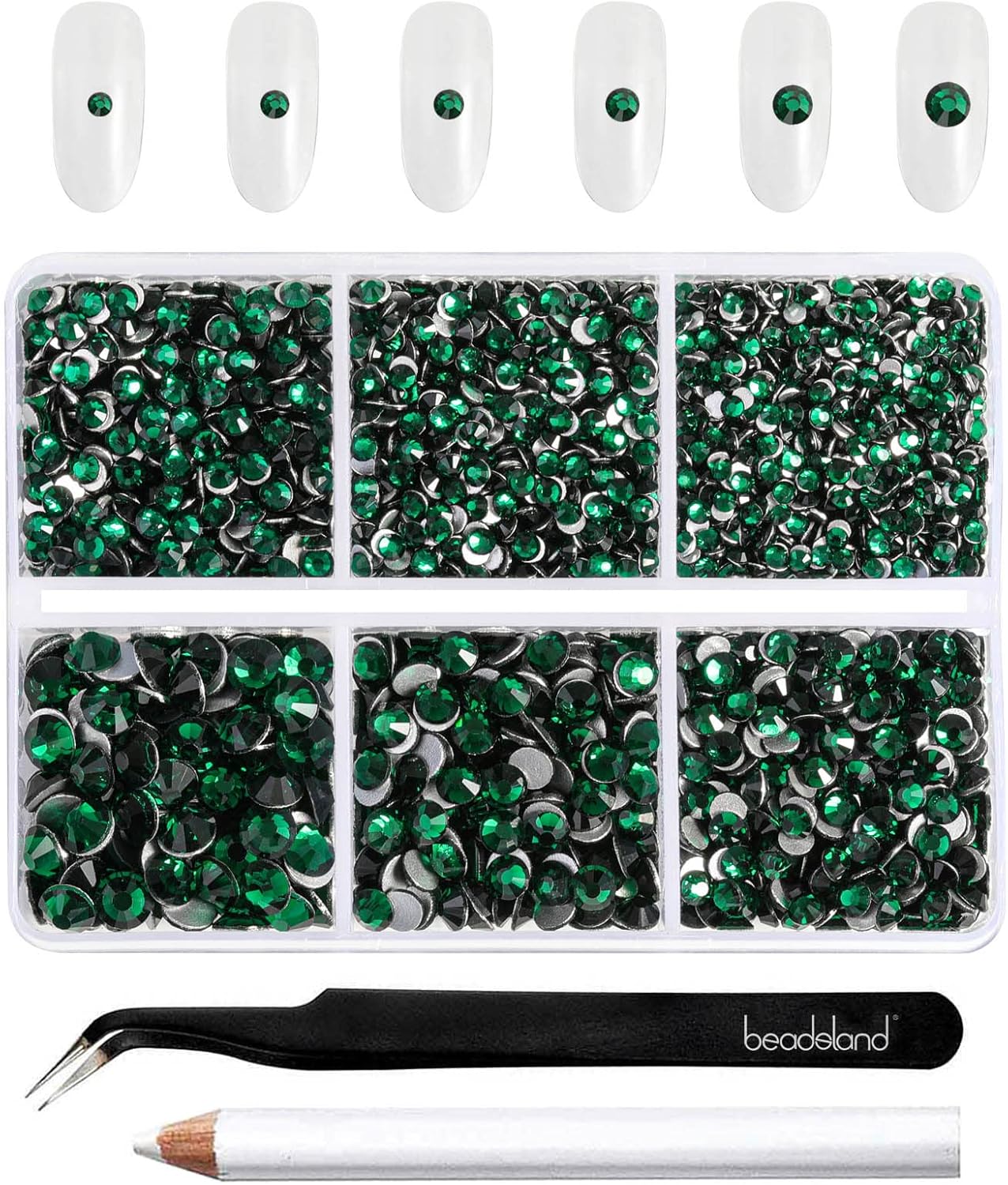 Beadsland 4300pcs Flatback Rhinestones,Green Rhinestone Nail Gems Round Crystal Rhinestones for Crafts,Mixed 6 Sizes with Picking Tweezers and Wax Pencil Kit, SS6-SS20,Emerald