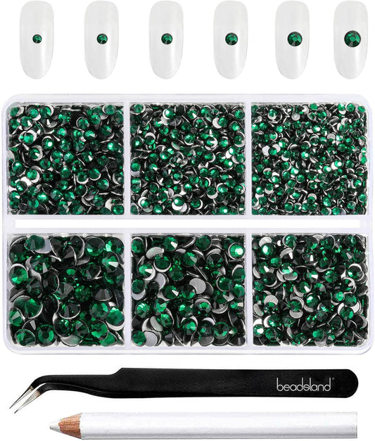 Beadsland 4300pcs Flatback Rhinestones,Green Rhinestone Nail Gems Round Crystal Rhinestones for Crafts,Mixed 6 Sizes with Picking Tweezers and Wax Pencil Kit, SS6-SS20,Emerald