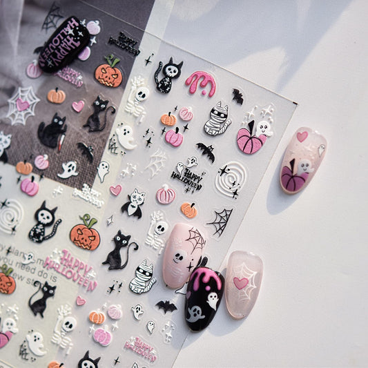 Halloween Nail Stickers for Nail Art 5D Embossed Halloween Ghost Nail Art Stickers Gothic Nails Designs Spider Web Pumpkin Bloody Cat Nails Supplies for Women Holiday DIY Manicure Decorations