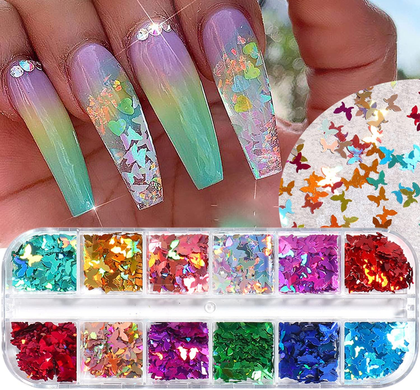 Butterfly Glitter Nail Art Sequins, 3D Fluorescent Glitters Butterflies Flakes, Holographic Neon Laser Shiny Butterfly Nail Supplies for Women Girls Manicure Charms Decorations DIY Resin Nail Art Tips