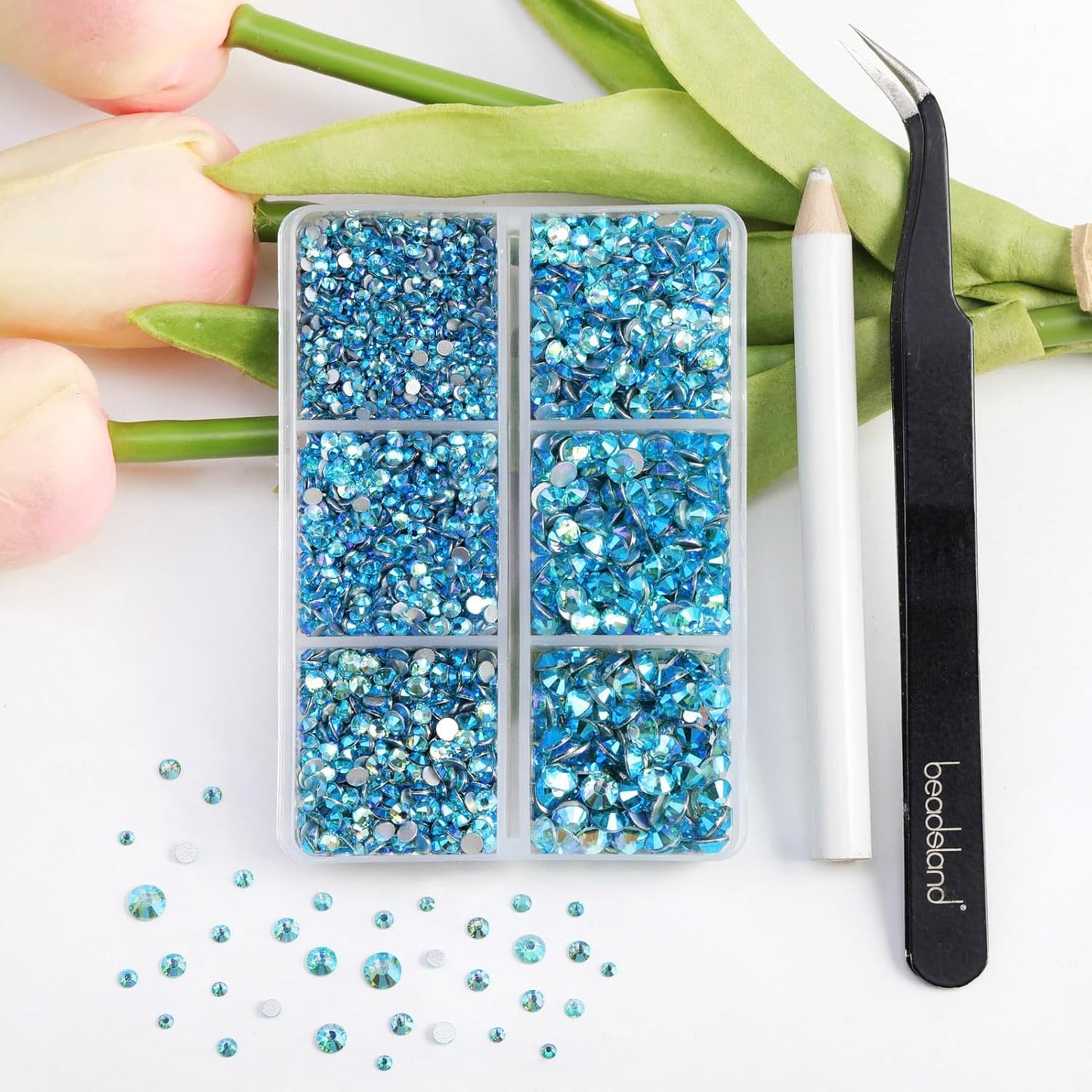Beadsland 4300pcs Flatback Rhinestones,Blue Rhinestone Nail Gems Round Crystal Rhinestones for Crafts,Mixed 6 Sizes with Picking Tweezers and Wax Pencil Kit, SS6-SS20,Aquamarine AB